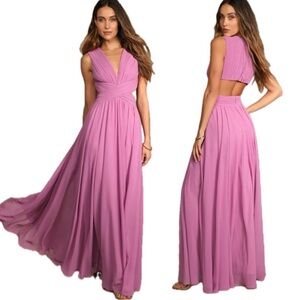 Lulu’s Vivid Imagination Lilac Cutout Ruched Pleated Full Skirt Maxi Dress